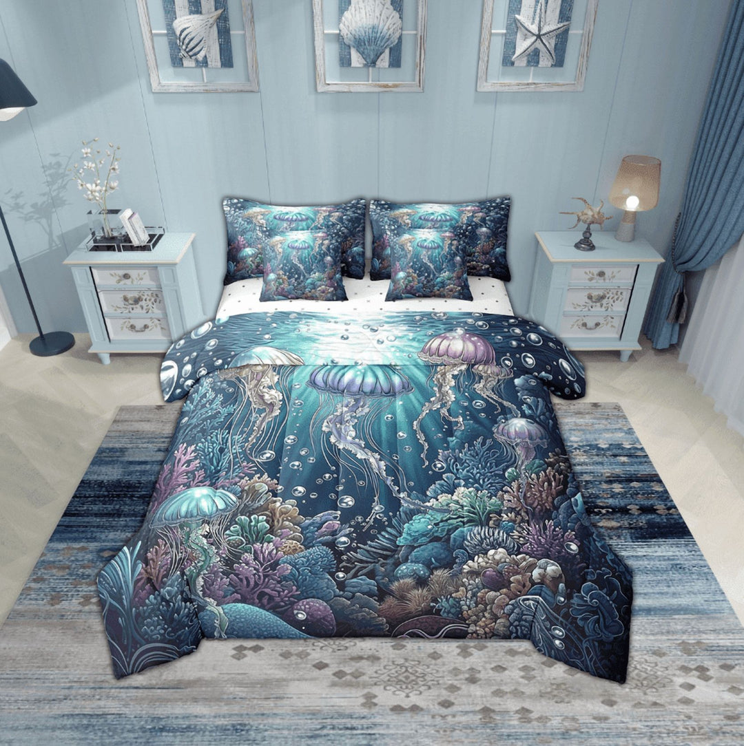 Erosebridal Ocean Jellyfish Bedding Sets Twin Size,Sea Animal Comforter Sets with Sheets,Underwater World Room Decorative,Reversible,Breathable,7pcs