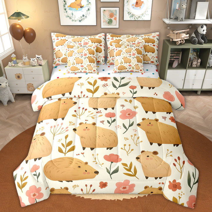 Erosebridal Kid Cute Cartoon Capybara Twin Bedding Sets, Rodent Animals Bedding Comforter Set, 7pcs
