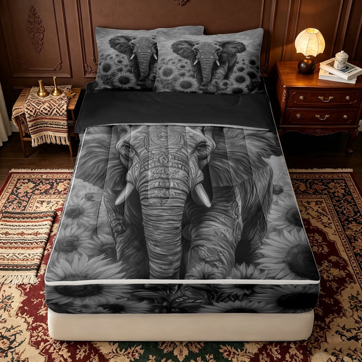 Erosebridal Gray Elephant Zipper Queen Comforter Set with Fitted Sheet and 2 Pillowcases for Women Men, Wildflower Floral Zipper Bedding Set, Black Reversible, 4-Piece