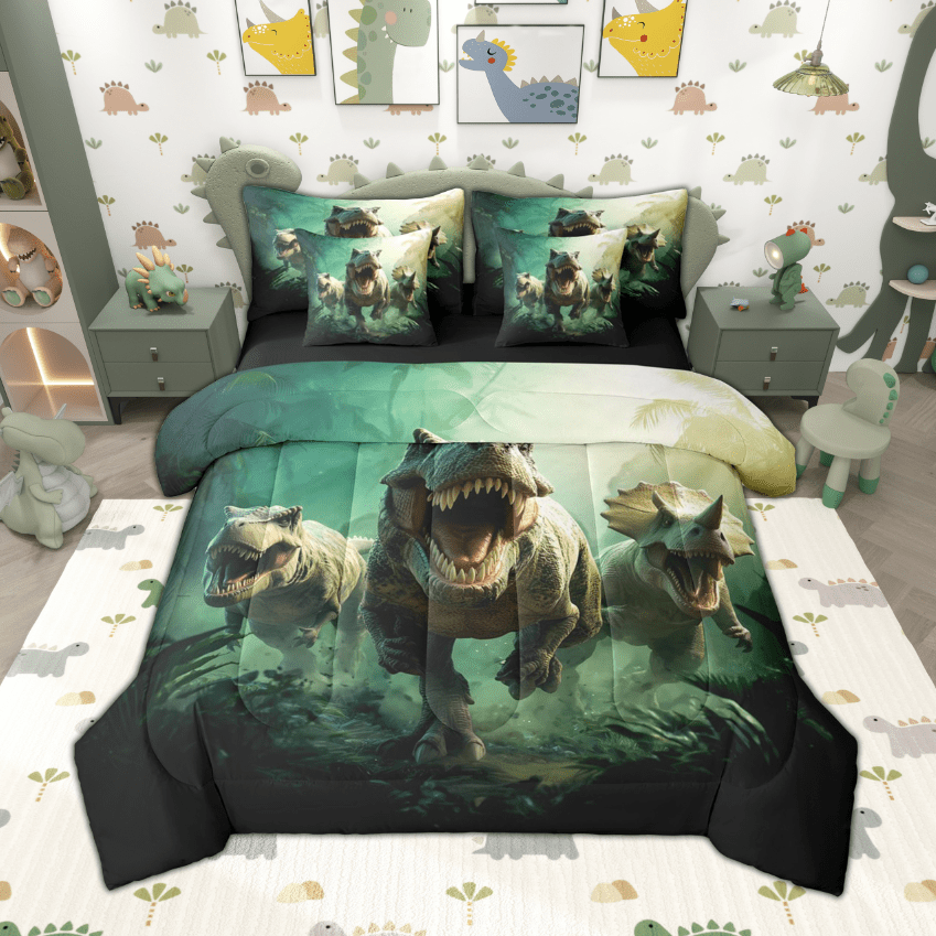 Manfei Boys Dinosaur Bedding Comforter Set 7pcs, Dino Theme Full Bedding Set, Jungle Wildlife Fitted Sheet Flat Sheet, Super Cozy Room Decor