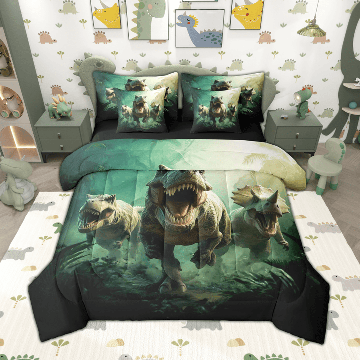 Manfei Boys Dinosaur Bedding Comforter Set 7pcs, Dino Theme Full Bedding Set, Jungle Wildlife Fitted Sheet Flat Sheet, Super Cozy Room Decor