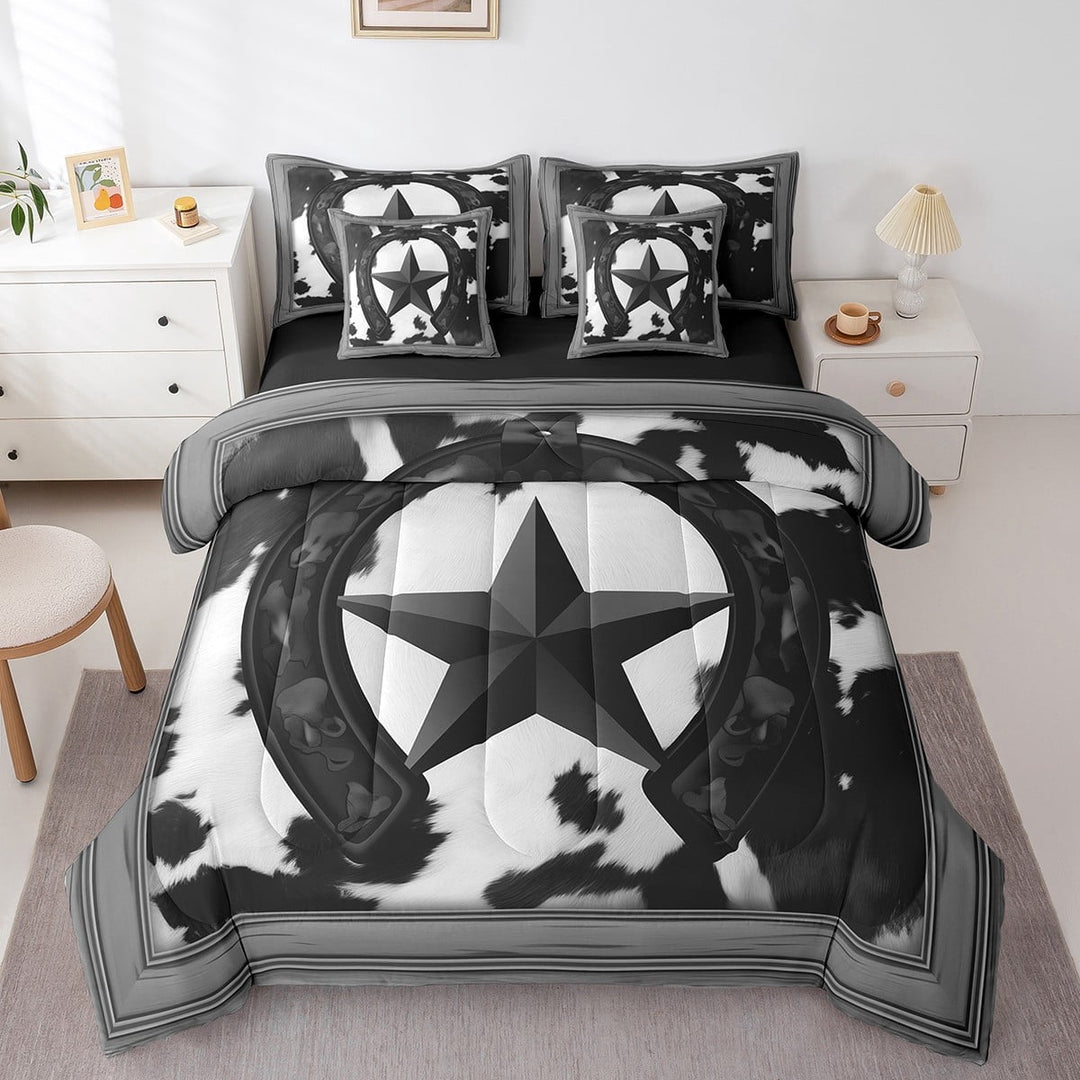 Black Western Texas Star Comforter Set 7 Pieces Bed in a Bag Set,American Horseshoe Cowhide Full Bedding Set with All Season Quilt,Grunge Grey Rustic Farm Animals Flat Sheet,Fitted Sheet,Pillowcases