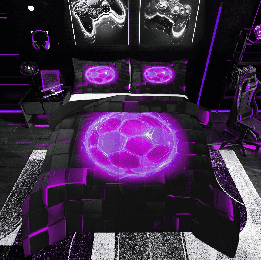 Purple 3D Soccer Bedding Set,Neon Light Comforter Sets Twin Size Teens Adults,Sports Game Down Comforter Bedroom Decor,Ball Sport Bed Set