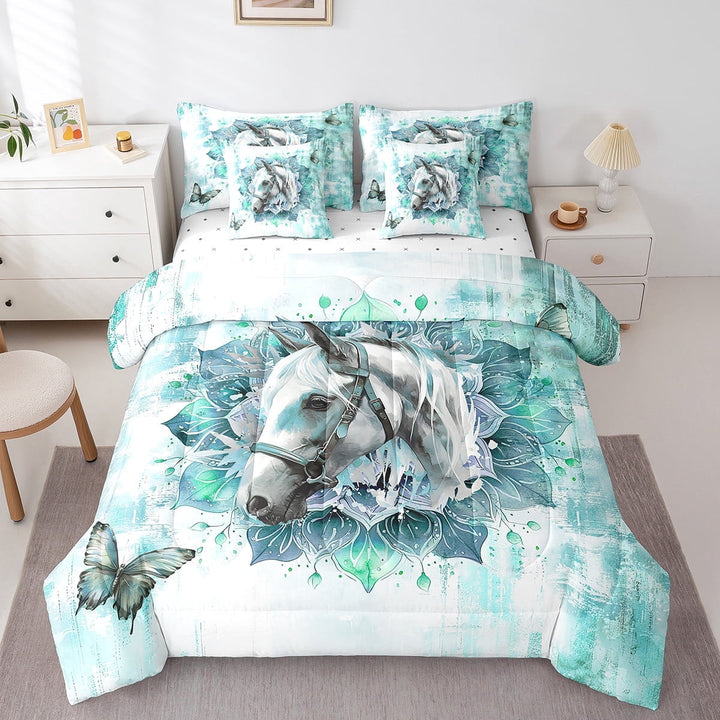Erosebridal 7-Piece Farm Animal Bedding Set For Teens,Full Size Bed In A Bag Horses,Bohemian Mandala Twin Size Comforter Set Teal Ombre Bedding Comforter Sets,Chic Butterfly Bed Set
