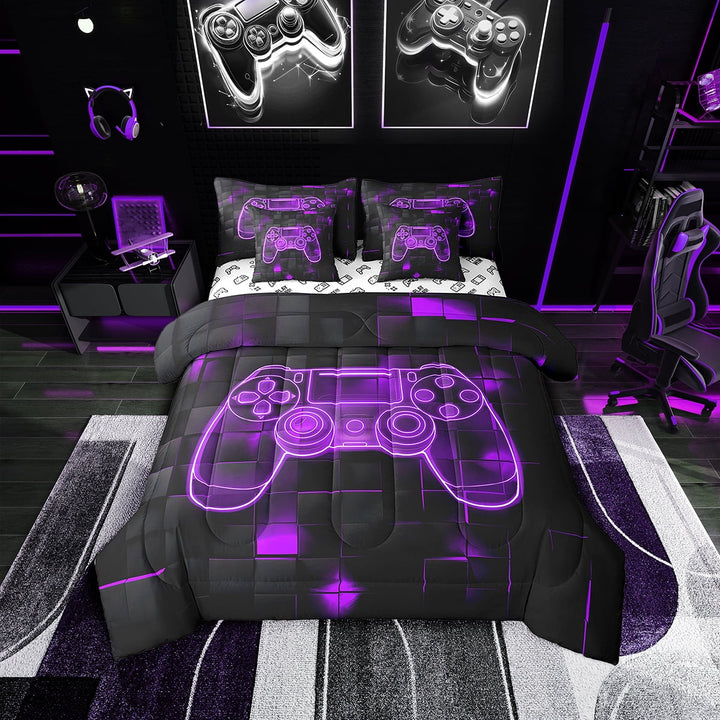 Gaming Bed In A Bag Gamer Twin Bedding Sets 7 Piece Video Game Comforter Set,Purple Black Geometric Grids Gamepad Bed Set With Comforter,Sheets Pillow Case And Covers