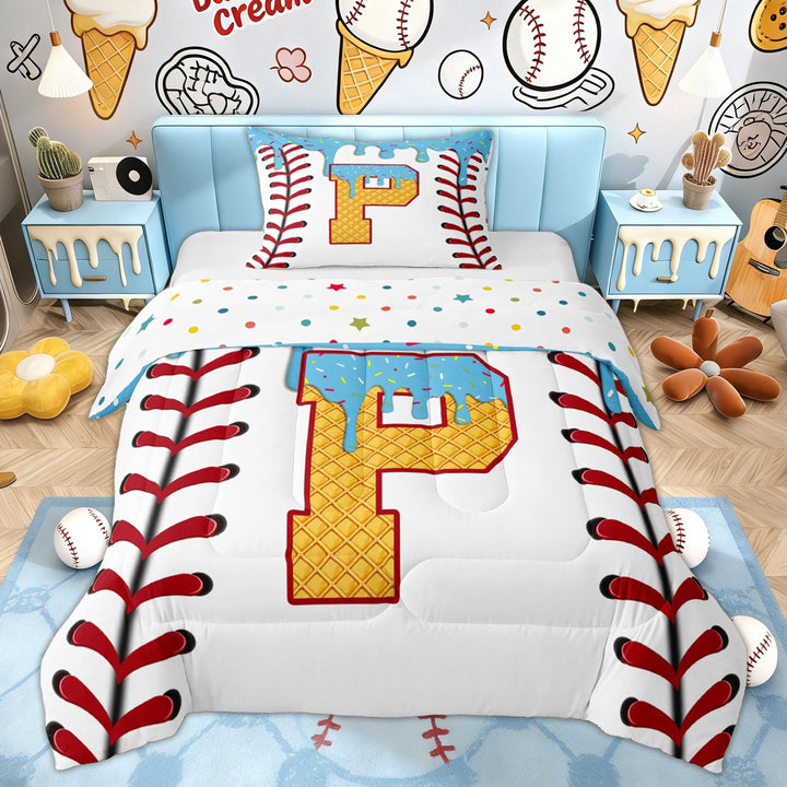 Erosebridal Kids Cute Letter P Twin Comforter Sets, Baseball Ice Cream Bedding Set, Blue, 2pcs