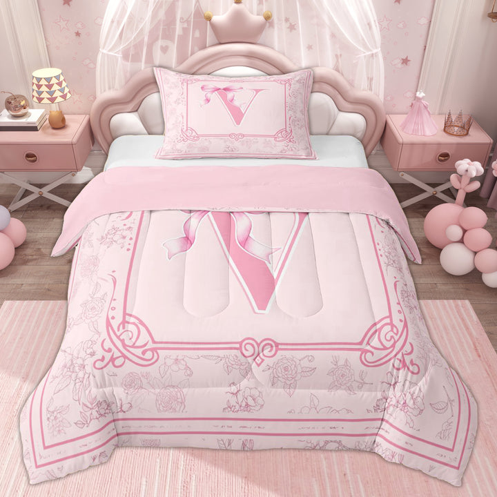 Erosebridal Ribbon V Letter Kids Twin Comforter Sets, Kawaii Princess Floral Bedding Set, Pink Reversible, 2 Pieces