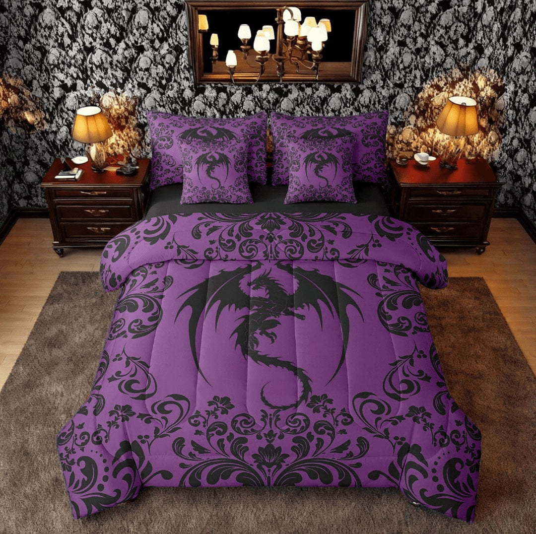 Gothic Dragon Full Comforter Set 7 Piece Boho Goth Purple Black Damask Bedding Set Adults Bohemian Exotic Floral Animal Bed In A Bag Baroque Dragon Sheet Set With Comforter