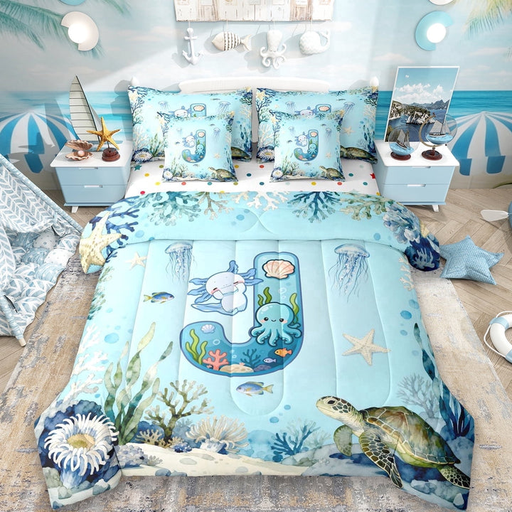 Erosebridal Ocean Jellyfish Turtle Print 7-Piece Twin Bedding Sets,First Letter J Blue Cute Axolotl Bedding Comforter Set For Kids,Reversible