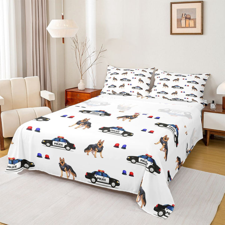 Manfei Police Car Queen Sheets,Cute Dogs Print Queen Sheet Sets,White,4-Piece,1 Flat Sheet, 1 Fitted Sheet and 2 Pillowcases