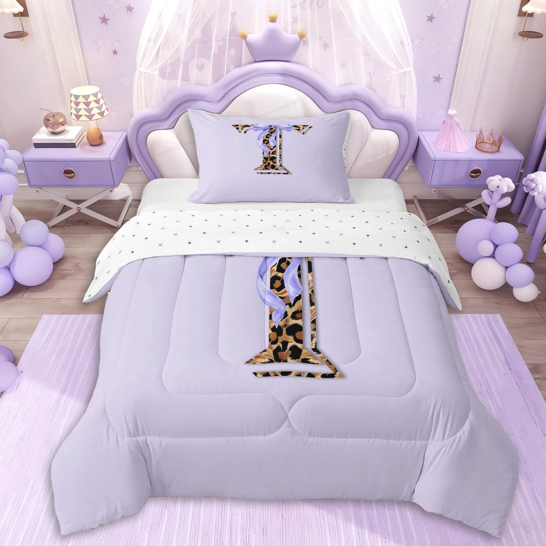 Erosebridal Purple Bowknot Letter Monogrammed T Twin Comforter Sets 3-Piece For Girls,Teens Animal Leopard Print Bedding Set,Luxury Bedroom Decor