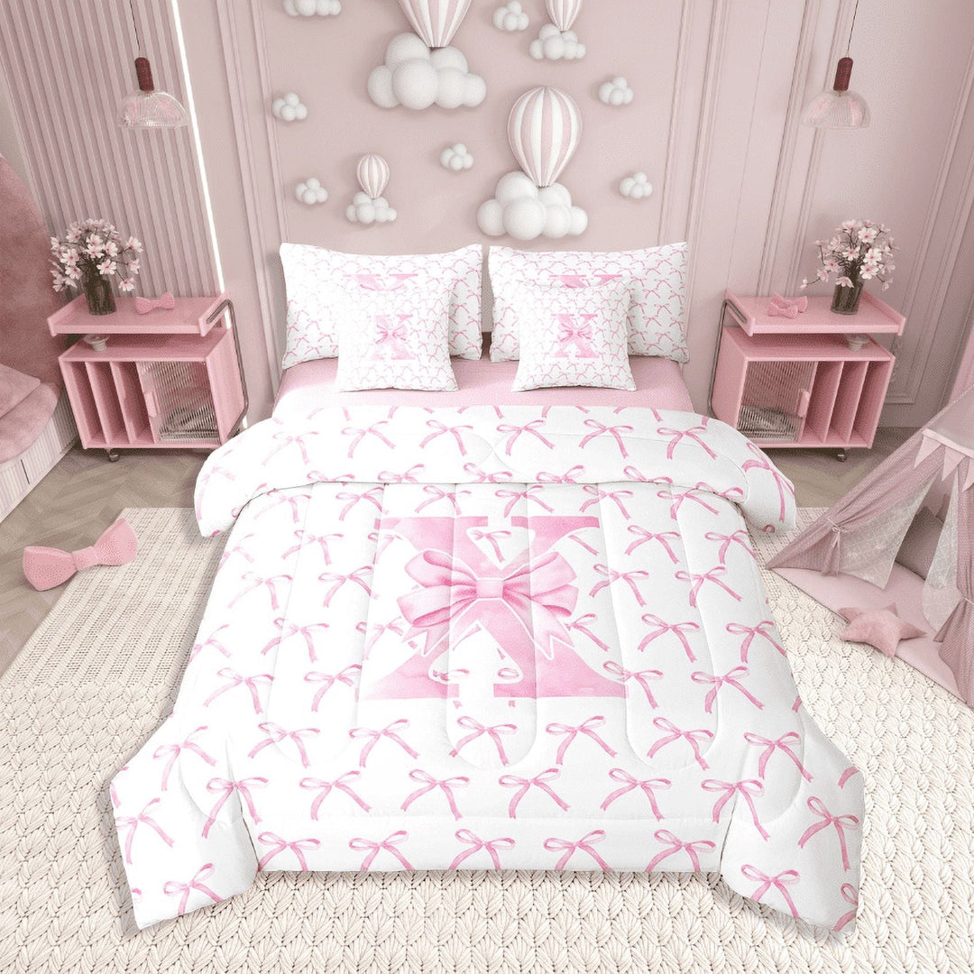 Erosebridal Monogrammed Bow Tie Bedding Sets Twin Size,Dreamy Princess Comforter Sets with Sheets,Letter Bedroom Decor,Reversible,7pcs