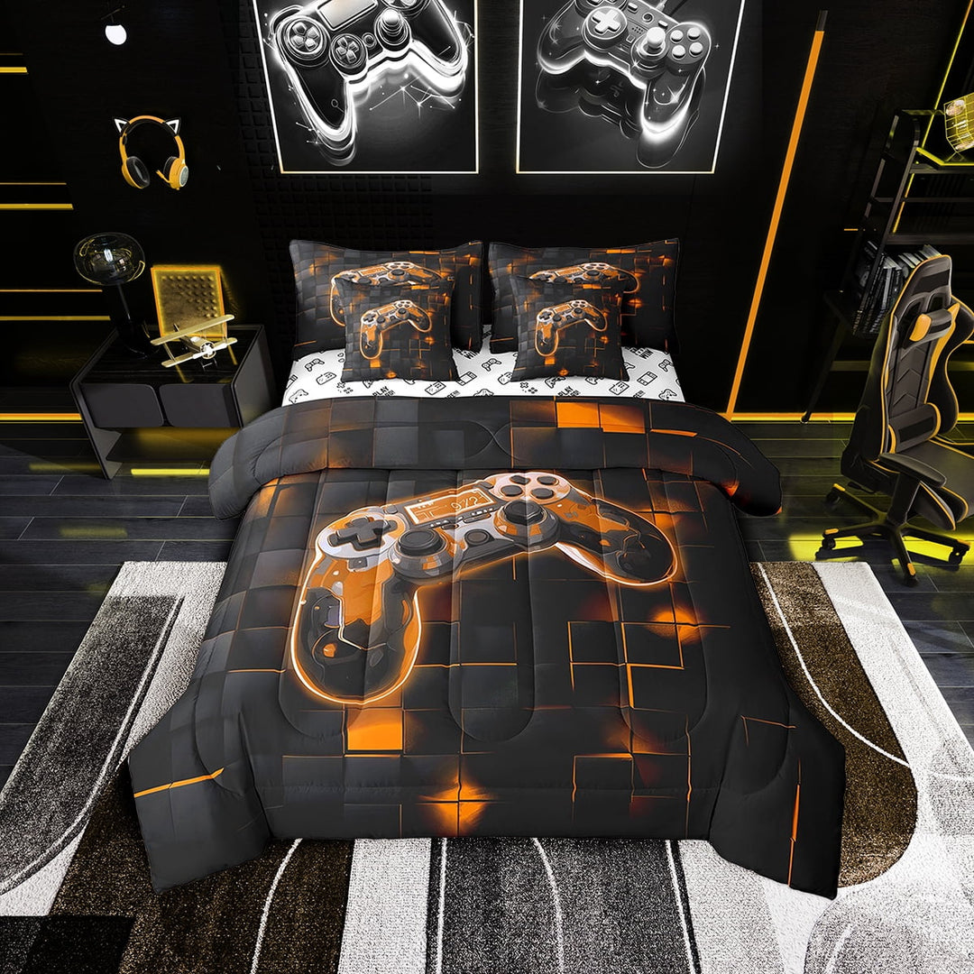 Erosebridal 7 Piece Gaming Twin Bed in a Bag ,Neon Gamer Comforter Set Video Game Room Decor,Orange Black Geometry Bedding Set with Sheets,Gamepad Bed Set with Pillowcases &amp; Shams
