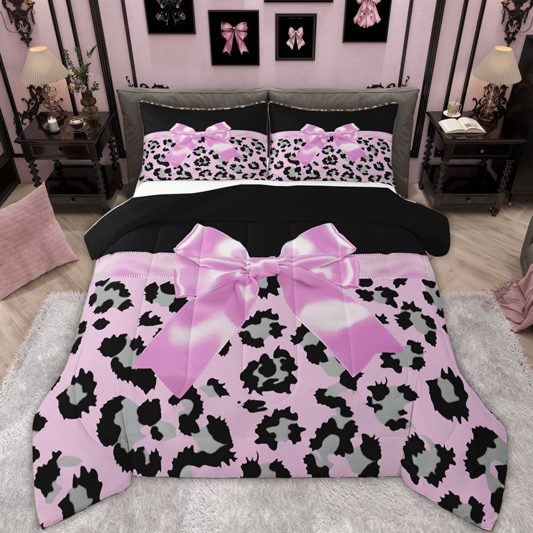 Erosebridal Purple Ribbon Women Full Size Comforter Sets, Fashion Cheetah Print Bedding Sets, Black Reversible, 3-Piece