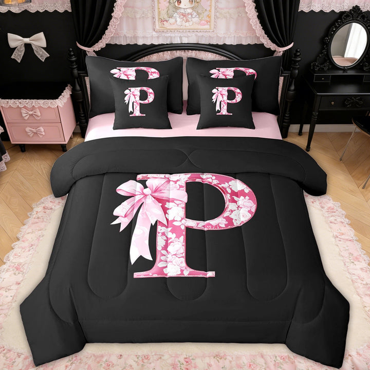 Erosebridal Floral Bow Letter P Twin Bedding Sets for Girls, Pink Initial Ribbon Bedding Comforter Set, Reversible, 7-Piece
