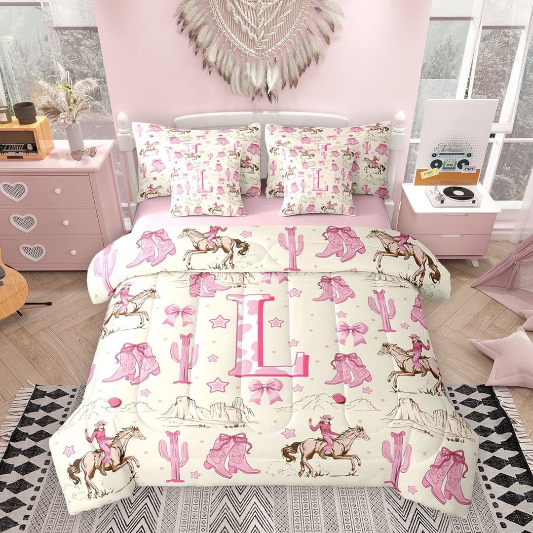 Erosebridal Rustic Cowgirl Twin Bedding Sets for Girls, L Letter Bedding Comforter Set, Pink Reversible, 7 Pieces