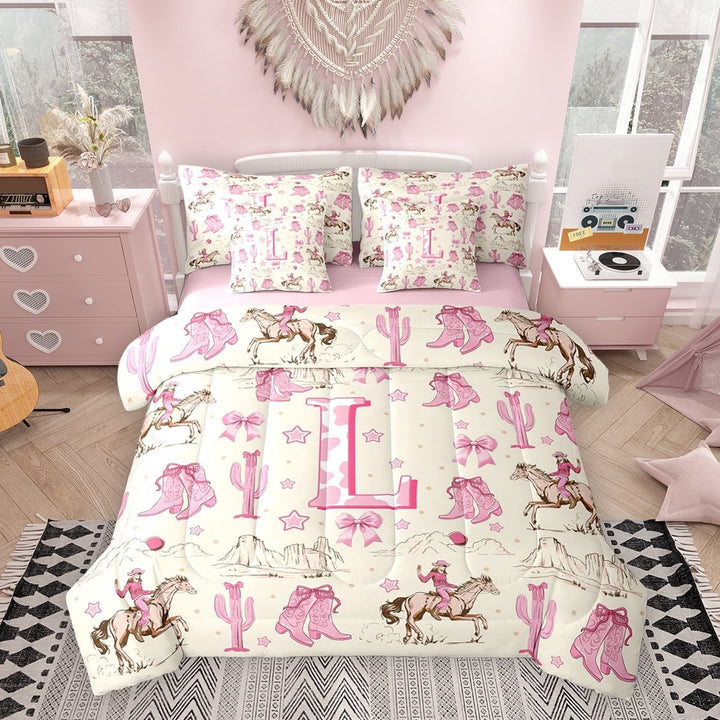 Erosebridal Rustic Cowgirl Twin Bedding Sets for Girls, L Letter Bedding Comforter Set, Pink Reversible, 7 Pieces