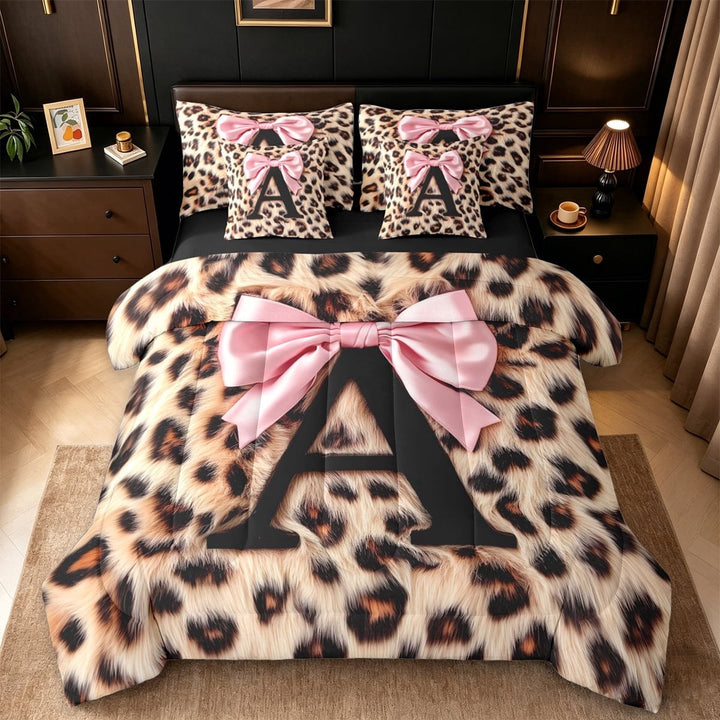 Erosebridal Brown Leopard Print 7-Piece Twin Bedding Sets For Girls,Letter A Initial Kids Bedding Comforter Set,Black Reversible