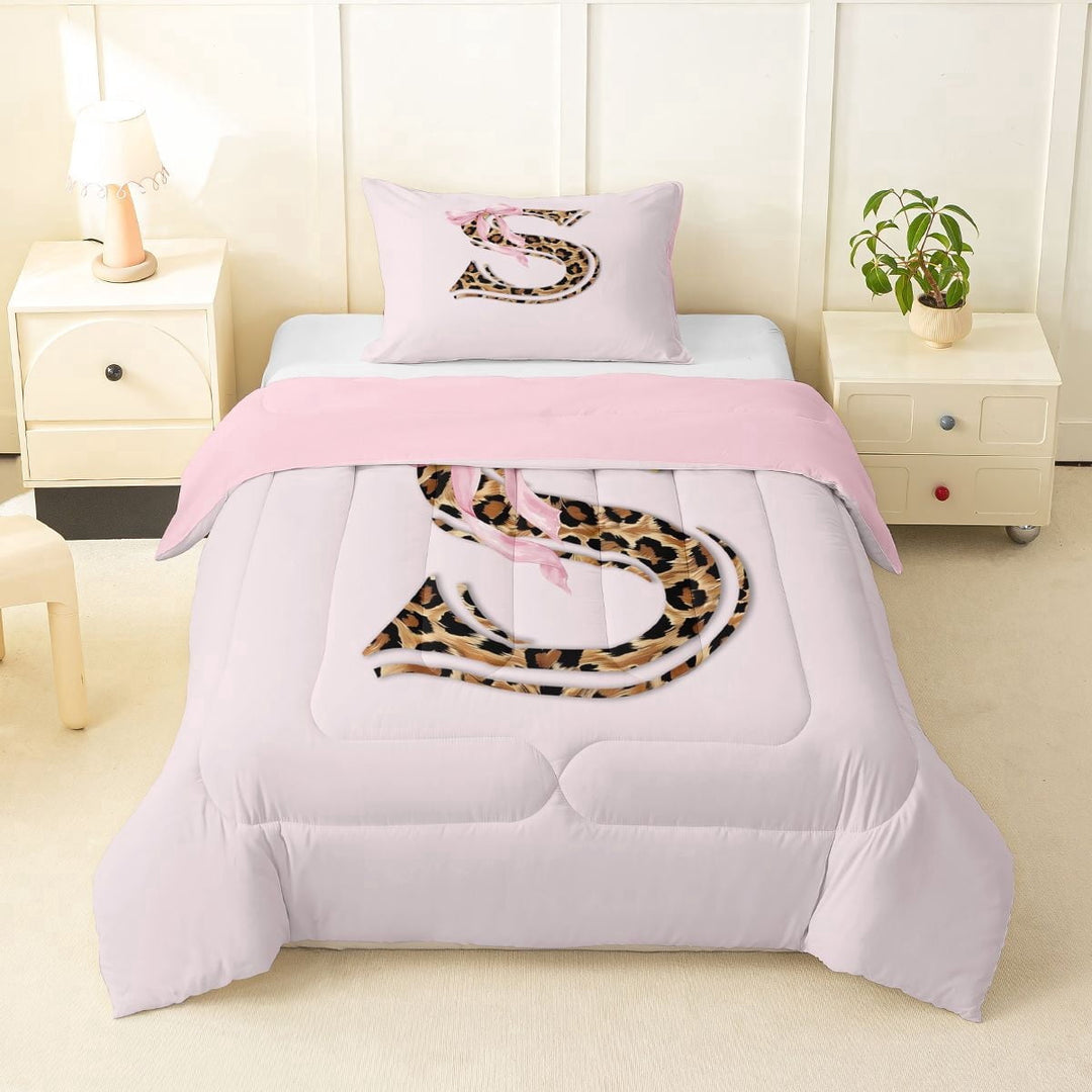 Erosebridal Cheetah Print S Letter Kid Twin Comforter Sets, Kawaii Pink Bow Bedding Set, 2-Piece