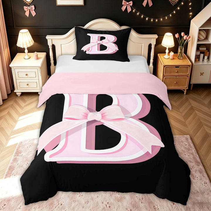 meiyoeat Princess Letter B Print Bedding for Kids Girls, Girly Bow Monogram Duvet Cover Full, Black Pink, Pink Reversible, 3-Piece