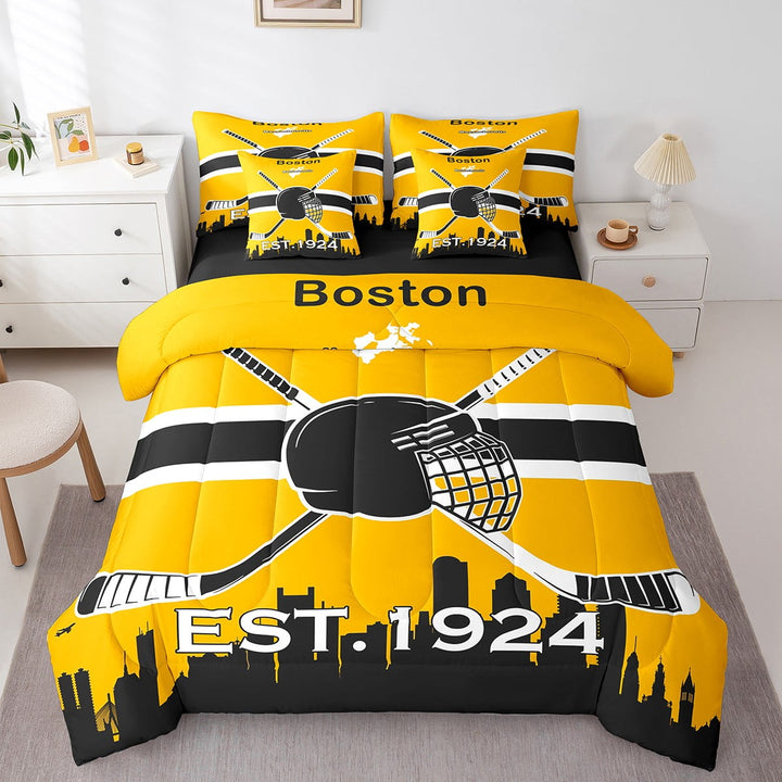 Twin Bed in a Bag Ice Hockey Comforter Set with Sheets 7-Pieces All Season Hockey Bedding Sets with Comforter, Pillow Sham, Flat Sheet, Fitted Sheet and Pillowcase,Boston