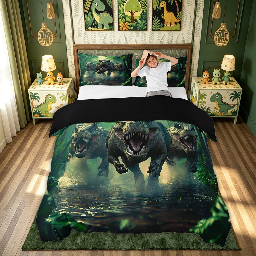 meiyoeat 3D Rustic Dino Family Bedding for Kids Boys, Green Jungle Dinosaur Duvet Cover Full, Black Reversible, 3pcs