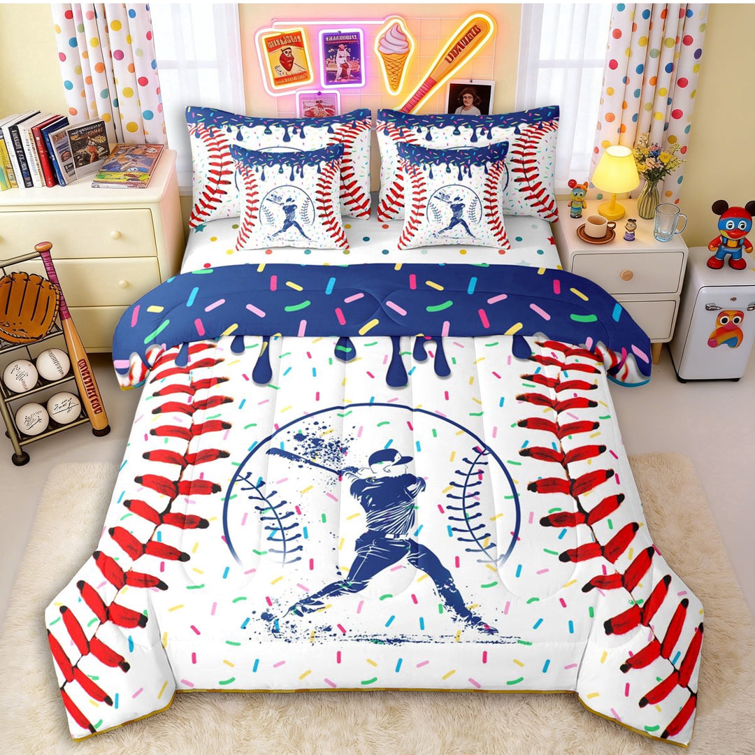 Erosebridal Navy Blue Dripping Baseball Stitch &amp; Batter Silhouette Graphic Twin Bedding Sets 7-Piece, Sport Graphic Bedding Comforter Set for Boys And Girls Kids,Super Cozy Room Decor