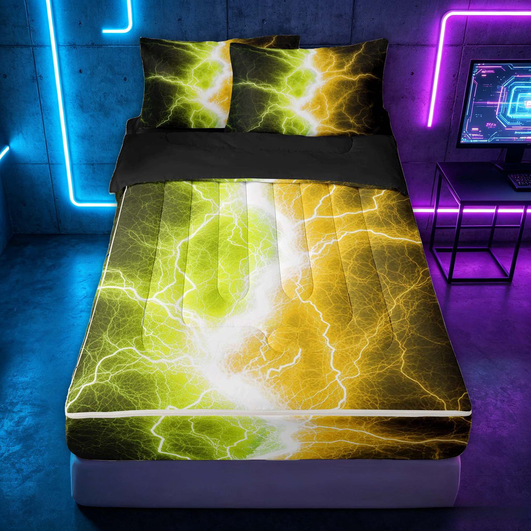 meiyoeat Neon Lightning Pattern Zipper Full Size Comforter Sets with Fitted Sheet and 2 Pillowcases for Boys, Electric Green Yellow Print Zipper Bedding Set, Black Reversible