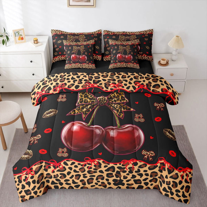 Erosebridal Cheetah Print Kid Bedding Comforter Set, Bowknot Cherry King Bedding Sets, Black Brown, 7pcs