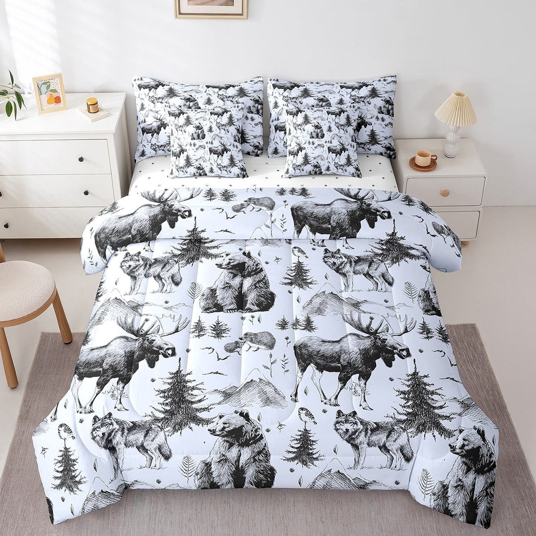 Erosebridal 7 Pcs Rustic Bear Comforter Set Twin Size,Woodland Wolf Moose Bed in a Bag with Flat Sheet and Fitted Sheet and Adults,Hunting Themed Bedding Set with Pillowcase and Sham