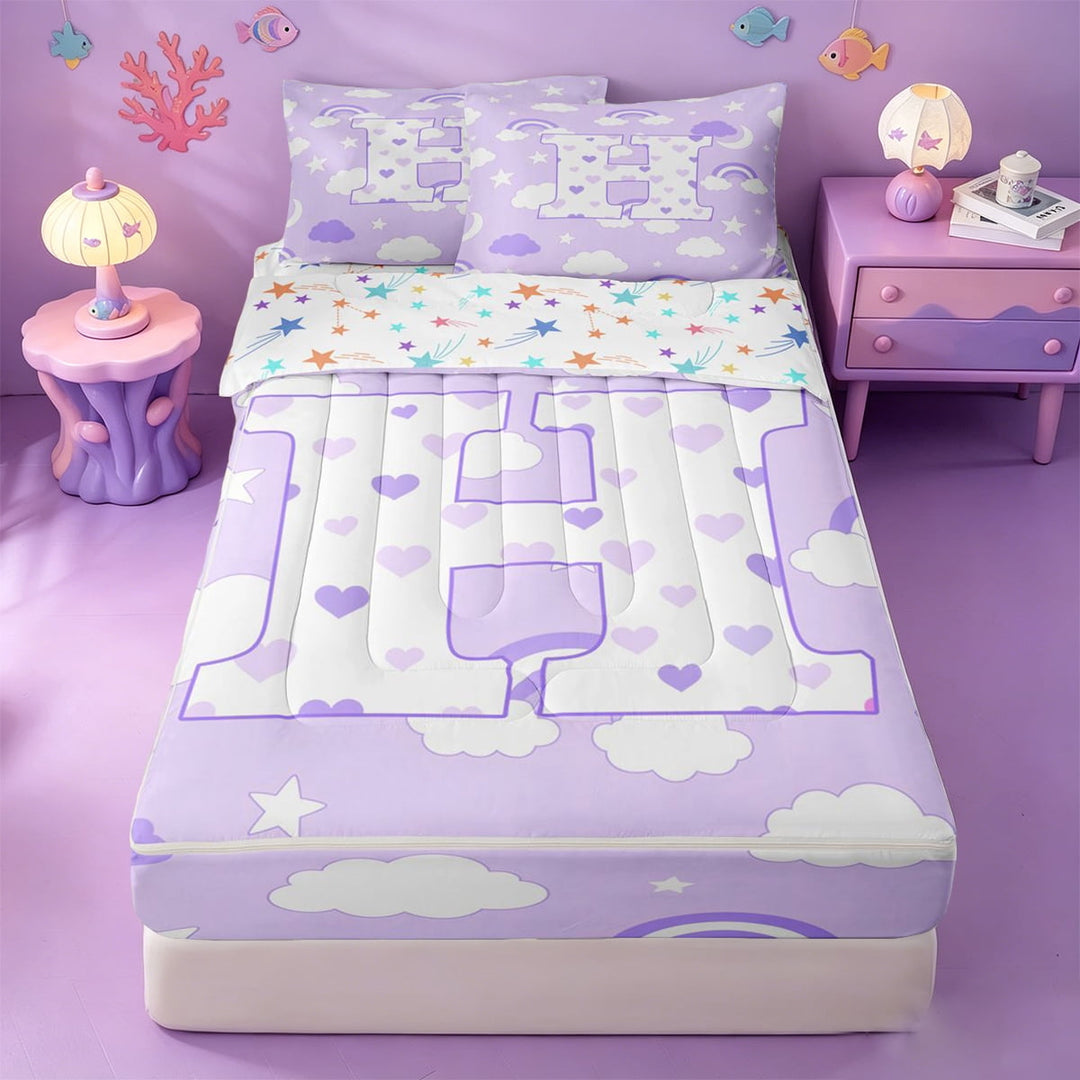 meiyoeat Purple Personalized Monogram Zipper Twin Comforter Sets with Fitted Sheet and 2 Pillowcases,Rainbow Cloud Heart Initial Art Zipper Bedding Set For Girl,Colorful Stars Reversible,4-Piece