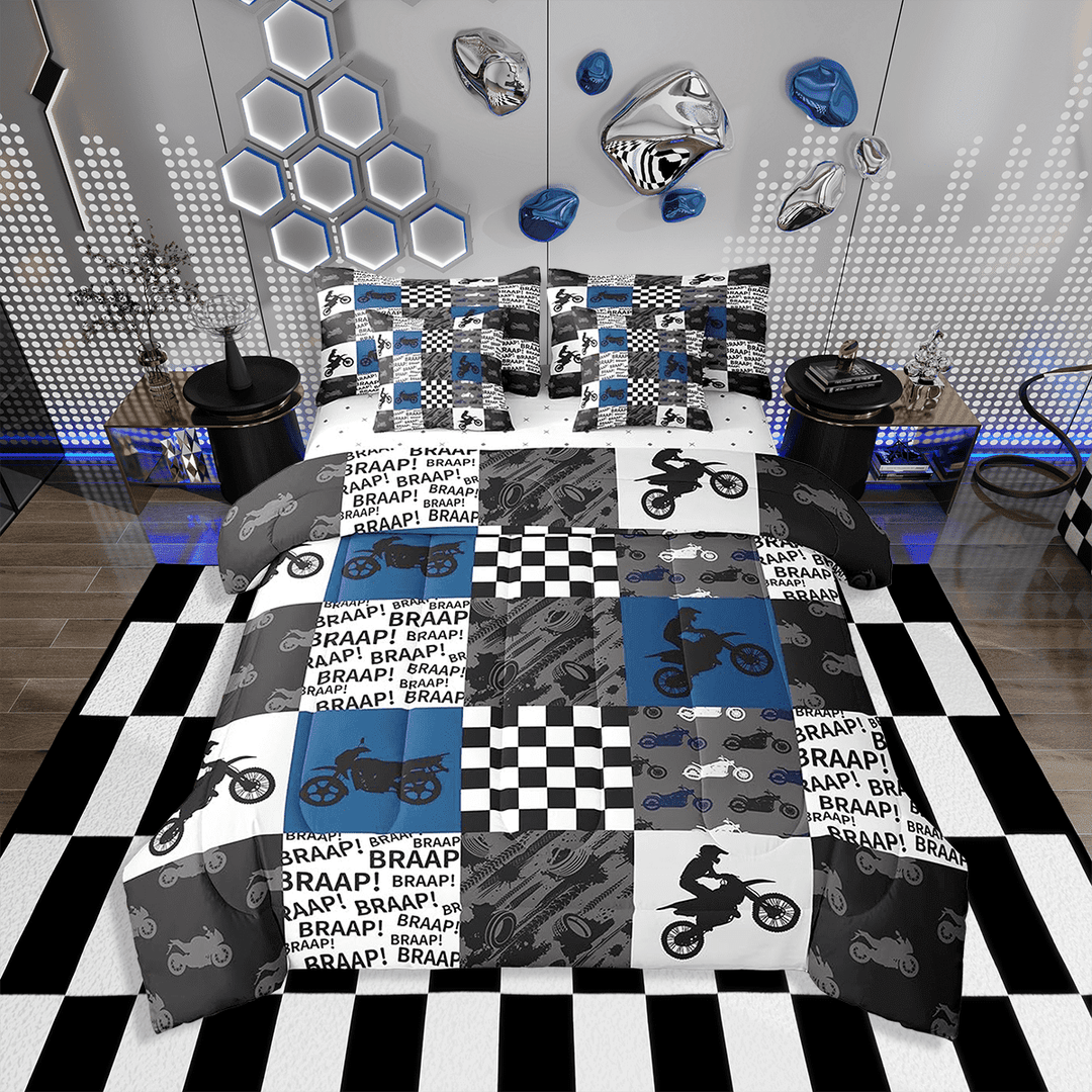 Dirt Bike 7Pcs Comforter Set Queen Black Grey Blue Motocross Rider Bedding Set Teens Men Bedroom Racing Patchwork Grid Fitted + Flat Sheet Fashion Motorcycle Silhouette 2 Pillow Cover