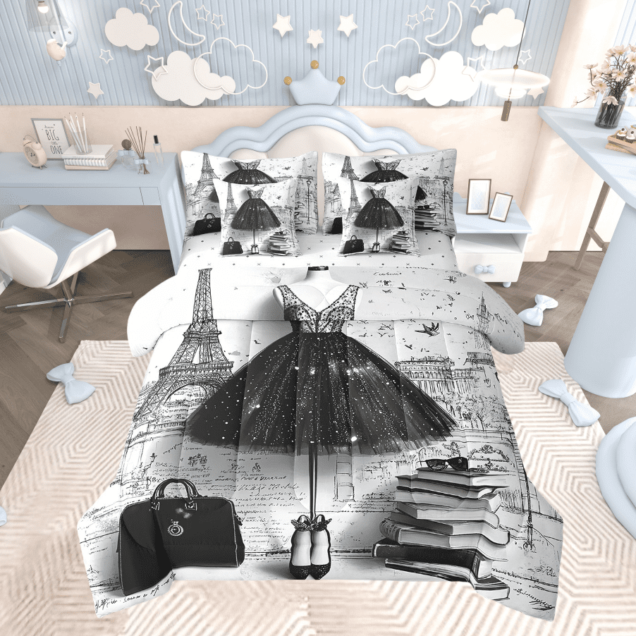 7 Piece Fashion Blakc Bed in a Bag Girly Dress Eiffel Tower Paris Bedding Sets Romantic Makeup Themed Comforter Set with Sheets Black High Heels Print Bed Set Perfume Print Sheets King
