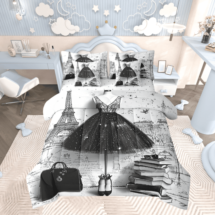 7 Piece Fashion Blakc Bed in a Bag Girly Dress Eiffel Tower Paris Bedding Sets Romantic Makeup Themed Comforter Set with Sheets Black High Heels Print Bed Set Perfume Print Sheets King