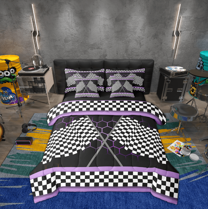 Erosebrida Racing Flag Bedding Twin Size, Neon Plum Honeycomb Comforter Sets With Sheets, Extreme Racing Car Sports For Youth Bedding Sets Twin Size, Microfiber Room Decorative,7Pcs Reversible