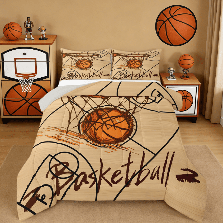 Manfei Graffiti Basketball Bedding Sets Twin with Comforter,Gaming Sports Duvet Insert,Brown Orange Comforter Sets Twin Size For Boys,Ultra Soft Room Decoration Reversible,2pcs