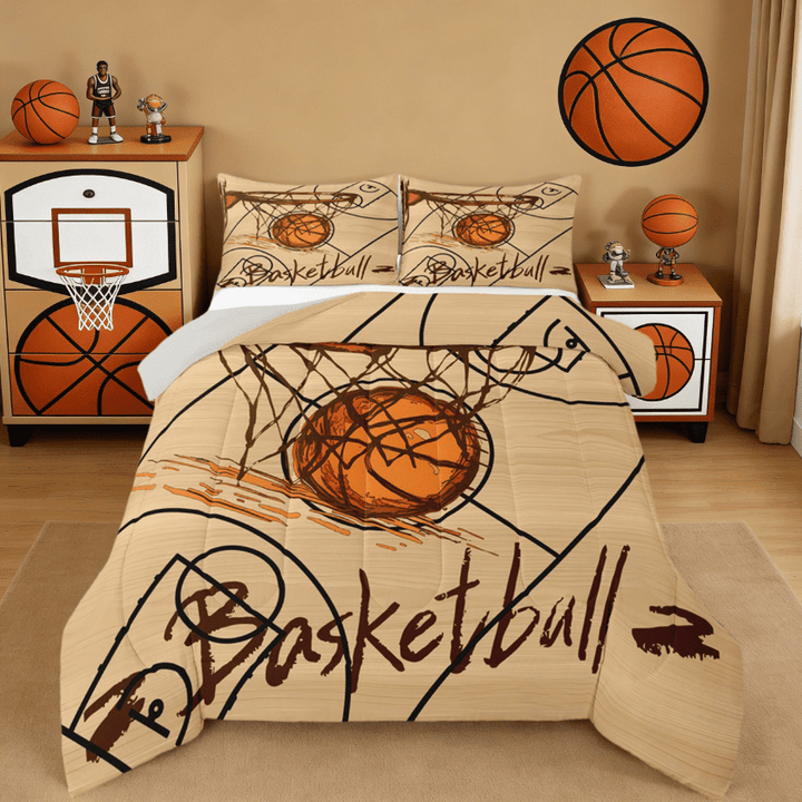 Manfei Graffiti Basketball Bedding Sets Twin with Comforter,Gaming Sports Duvet Insert,Brown Orange Comforter Sets Twin Size For Boys,Ultra Soft Room Decoration Reversible,2pcs