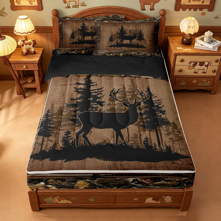 meiyoeat Jungle Deer Silhouette Zipper Full Size Comforter Sets with Fitted Sheet and 2 Pillowcases For Boys,Rustic Farmhouse Hunting Zipper Bedding Set For Kids,Black Reversible,4-Piece