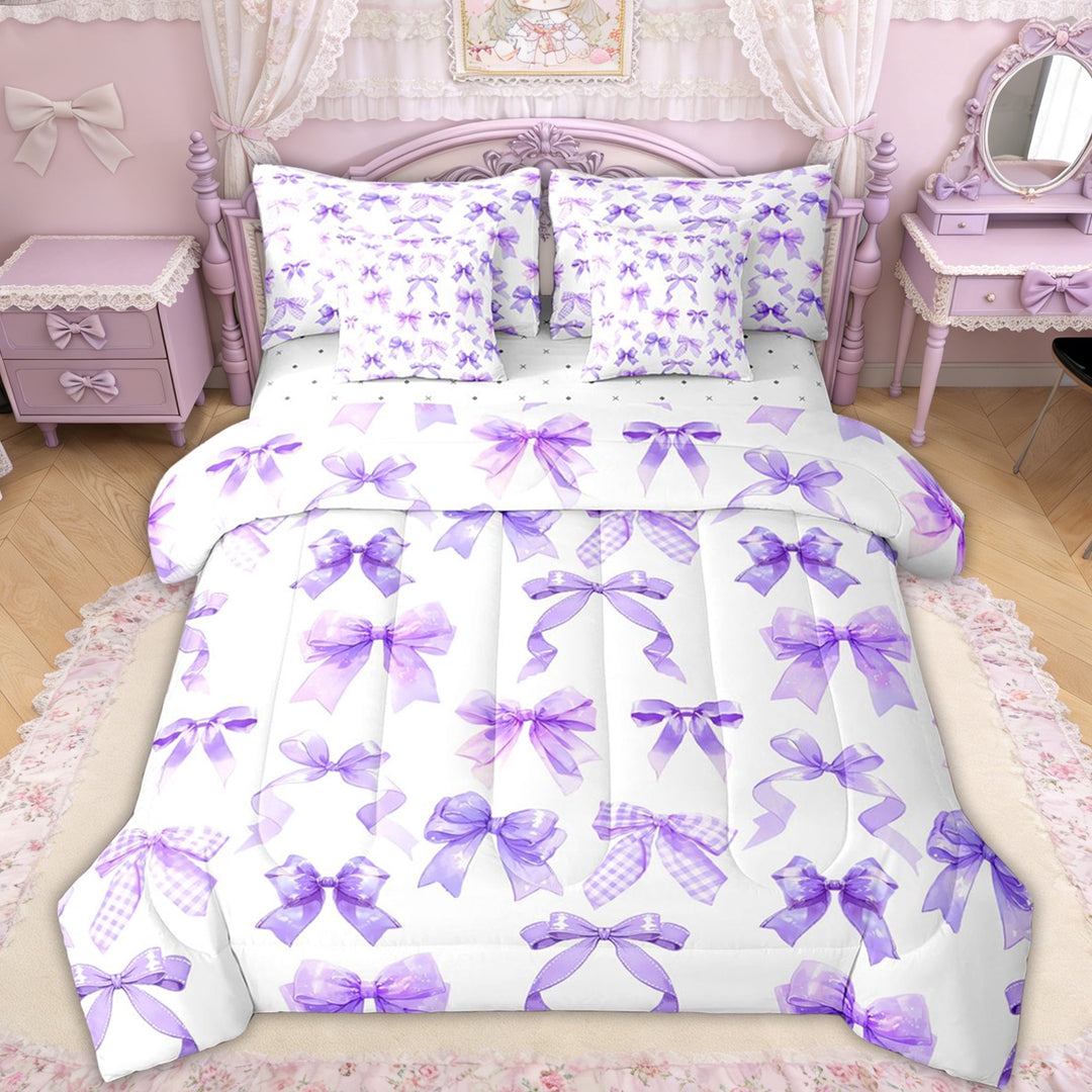 Erosebridal Purple Bow Twin Bedding Sets for Girls Women, Cute Lavender Ribbon Bedding Comforter Set, Reversible, 7 Pieces