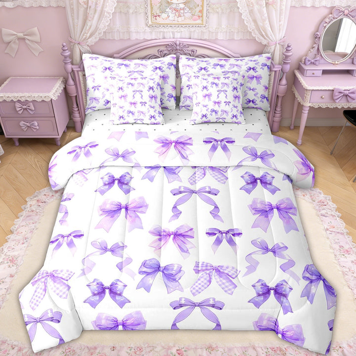 Erosebridal Purple Bow Twin Bedding Sets for Girls Women, Cute Lavender Ribbon Bedding Comforter Set, Reversible, 7 Pieces