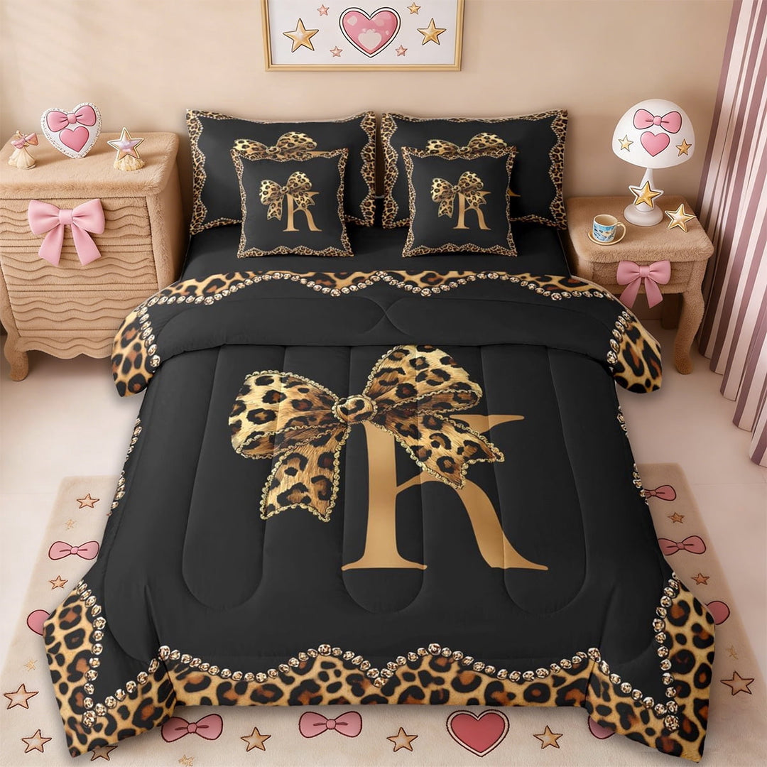 Erosebridal Africa Leopard Pattern 7-Piece Twin Bedding Sets,Girls Cute Bowknot First Letter K Bedding Comforter Set For Women Kids,Reversible black