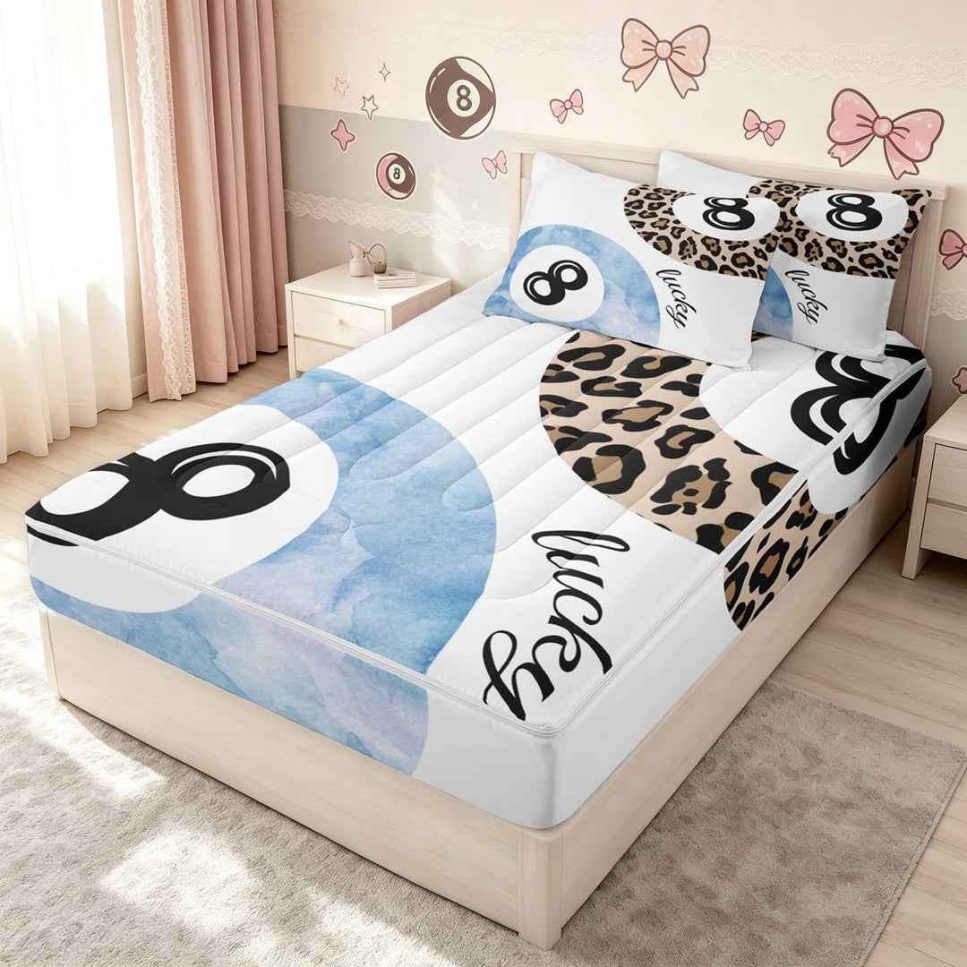 meiyoeat Watercolor Blue Lucky 8 Ball Zipper Full Size Comforter Sets with Fitted Sheet and 2 Pillowcases for Girls, Leopard Print Sport Zipper Bedding Set, Grey Reversible, 4pcs