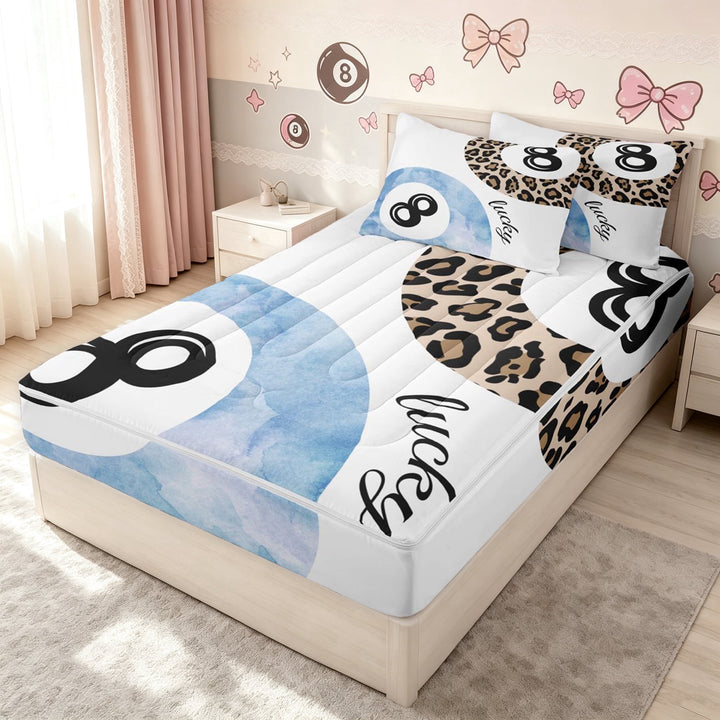 meiyoeat Watercolor Blue Lucky 8 Ball Zipper Full Size Comforter Sets with Fitted Sheet and 2 Pillowcases for Girls, Leopard Print Sport Zipper Bedding Set, Grey Reversible, 4pcs