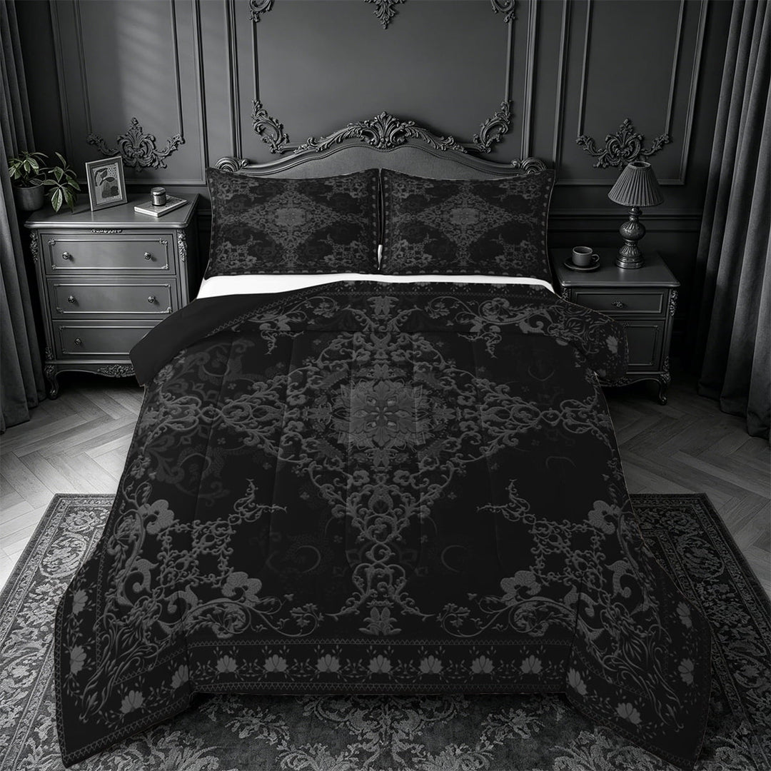 Erosebridal Baroque Floral Queen Comforter Set,Vintage Gothic Theme Bedding Comforter Set For Men Women,Reversible black,3pcs