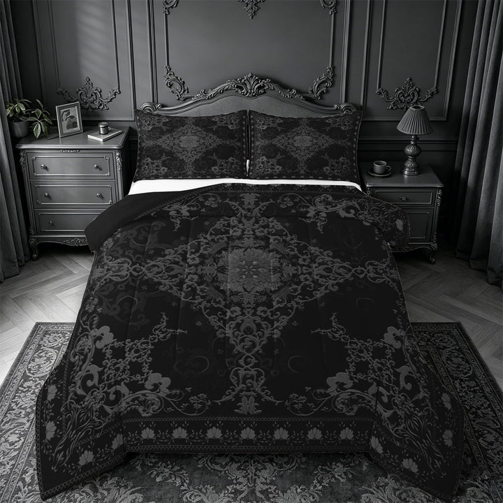 Erosebridal Baroque Floral Queen Comforter Set,Vintage Gothic Theme Bedding Comforter Set For Men Women,Reversible black,3pcs