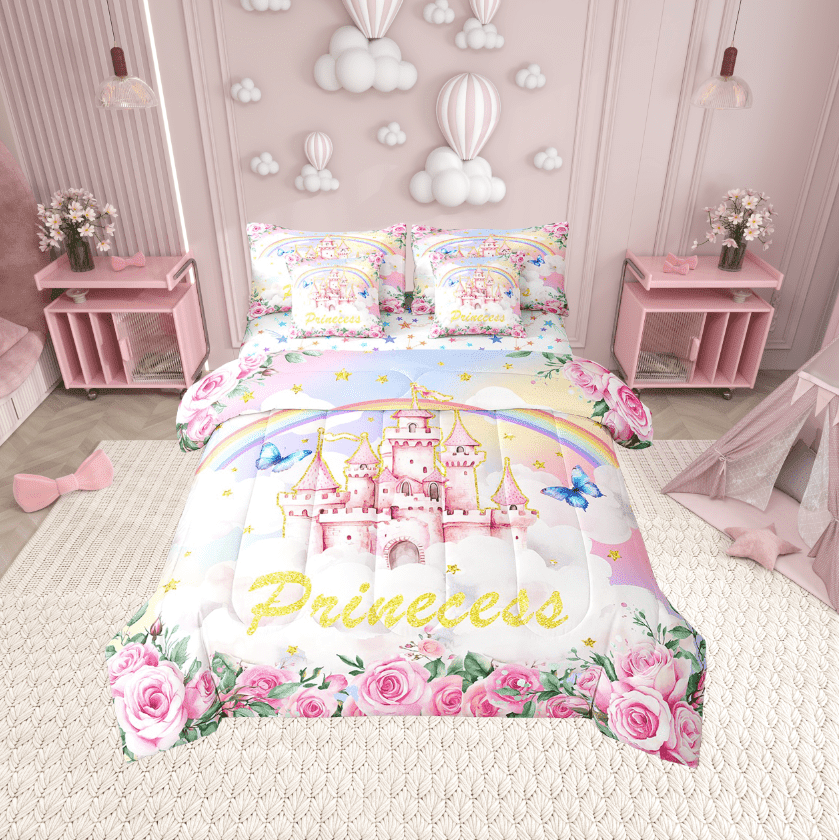 Erosebridal Magical Castle Bed in a Bag Twin size, Pink Rose Bed Set, Romantic Princess Reversible Bedding Twin Size, Ultra Soft Bedroom Decoration, 7pcs