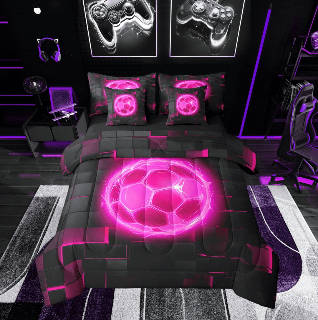 7 Pieces Twin Comforter Set,Pink Football All Season Bed in a Bag,Soccer Bedding Set with 3D Scattered Grids Comforter, Flat Sheet, Fitted Sheet, Pillowcases, Pillow Shams