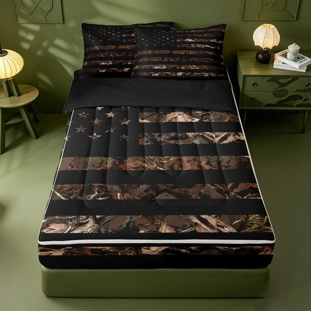 meiyoeat Black Camo Flag Zipper Full Size Comforter Sets with Fitted Sheet and 2 Pillowcases, Gold Star Hunting Print Zipper Bedding Set For Boys Kids,Black Reversible,4 Pieces