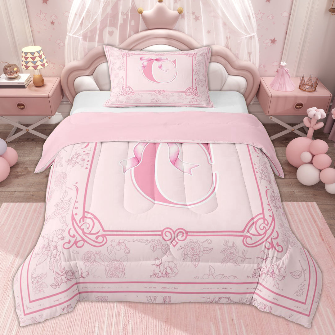 Erosebridal Kids Bow C Letter Twin Comforter Sets, Retro Flower Floral Bedding Set, Pink, 2-Piece