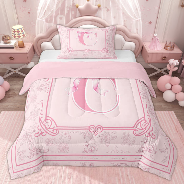 Erosebridal Kids Bow C Letter Twin Comforter Sets, Retro Flower Floral Bedding Set, Pink, 2-Piece